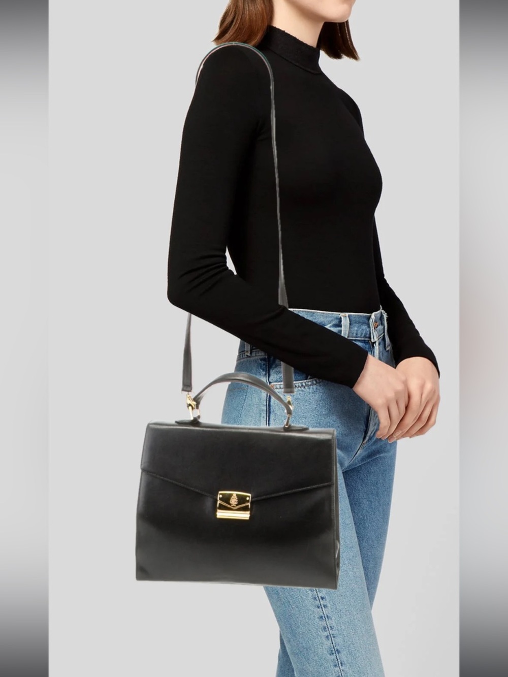 Mark Cross Classic Black Leather Gold Top-Handle Crossbody Hand Bag Retail $3000
